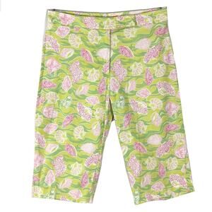 NWOT KEY WEST Pants Women 4 Lime-Pink Capri Seashell Stretchy Zip Cotton